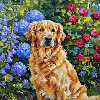 A golden retriever sitting in a garden, painted in the style