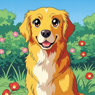 A golden retriever sitting in a garden, rendered in Japanese