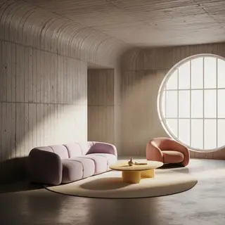 An interior scene rendered in soft brutalism — raw concrete 