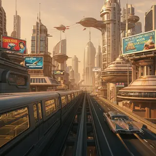A cityscape rendered in nostalgic futurism — retro-futuristi