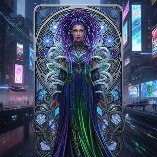 A woman in a futuristic city rendered in cyberpunk Art Nouve
