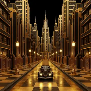 A city street scene in the style of Art Deco — geometric sha
