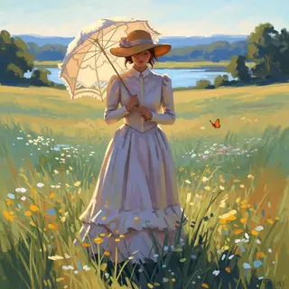 A woman with a parasol in the style of Impressionism — soft 