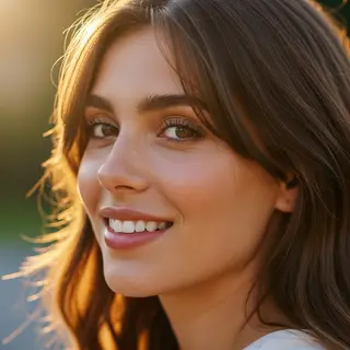 A close-up portrait of a young woman with a warm natural smi