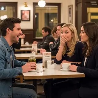 A group of three friends at a table: one laughing with head 