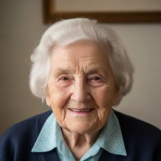 An elderly woman in her 80s with deep wrinkles and white hai