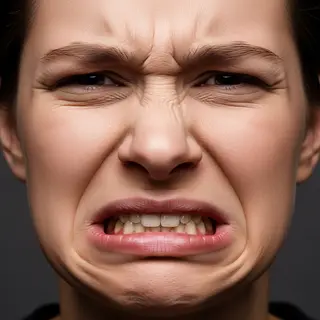 A close-up of a person's face showing clear disgust, nose wr