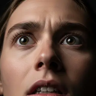 A portrait capturing genuine surprise — raised eyebrows, wid