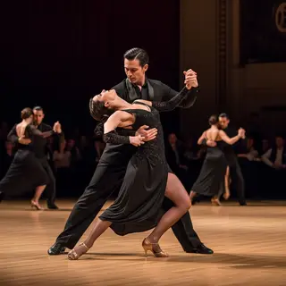 Two tango dancers in a close embrace, the man dipping the wo