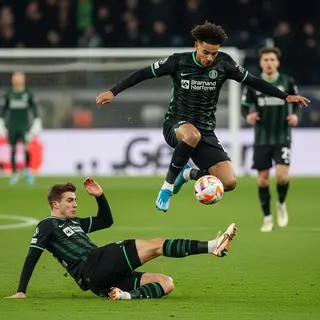 Two soccer players mid-tackle, one sliding and the other jum