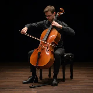 A cellist seated with correct posture, legs around the instr