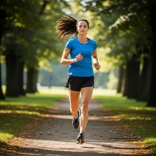 A woman mid-stride running through a park, hair and clothes 
