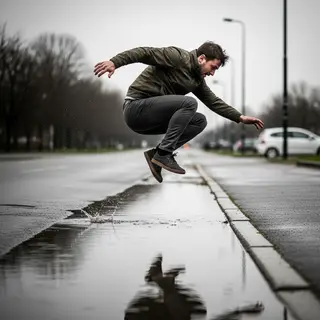 A man captured mid-jump over a puddle, body in the air with 