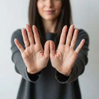 A woman holding her hands out in front of her palms-up, all 