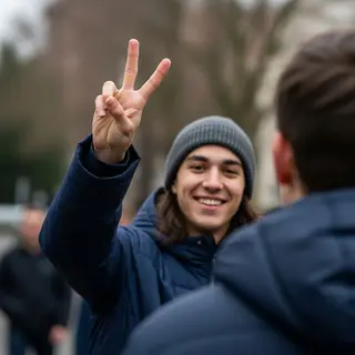 A person making a peace sign with their right hand, clearly 