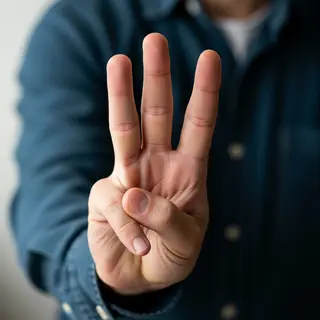 A person counting to three on their fingers, with index, mid