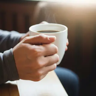 A person holding a white ceramic coffee mug by the handle wi