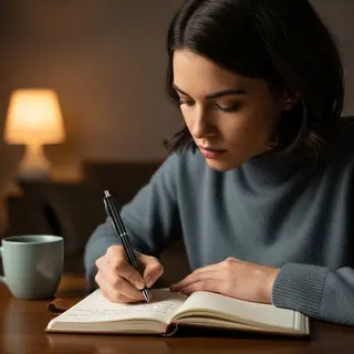 A woman writing in a notebook with a pen gripped correctly i
