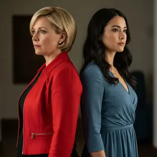 Two women standing side by side: one with short blonde hair 