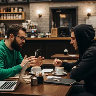 Two men at a cafe: one with a beard and glasses wearing a gr