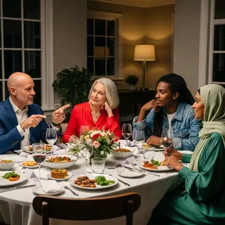 Four people at a dinner table: a bald man in a suit, a woman