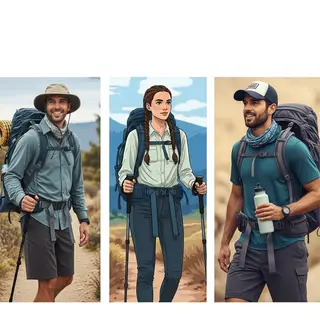 Three hikers on a trail: a man with a backpack and sunhat, a