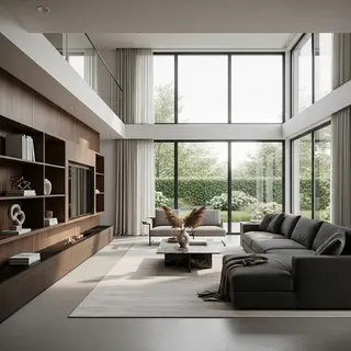 A wide-angle shot of a modern living room interior showing e