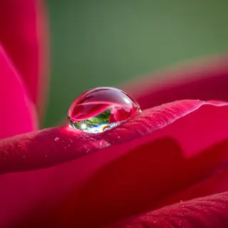 A close-up macro shot of a single dewdrop on a rose petal, s