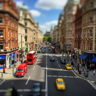 A tilt-shift photograph of a city street making real-life lo