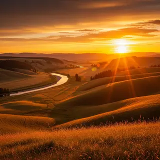 A landscape photograph bathed in golden hour light — long wa