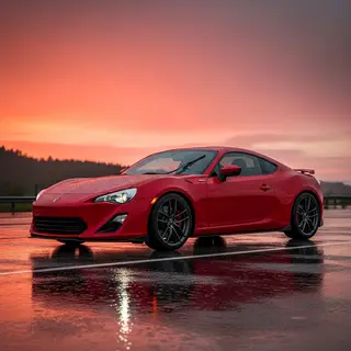 A bright red sports car parked on a gray asphalt road — the 