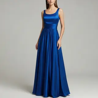 A woman wearing a royal blue evening dress against a neutral