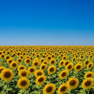 A field of pure sunflower yellow flowers under a clear blue 