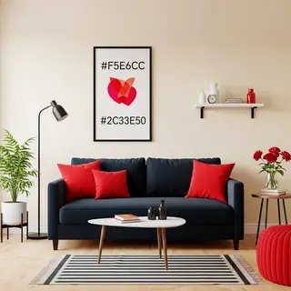A minimalist room with walls in #F5E6CC (warm cream), a sofa