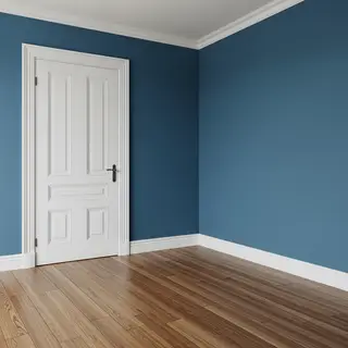 A room with walls in #4A90D9 (medium blue) with warm wooden 