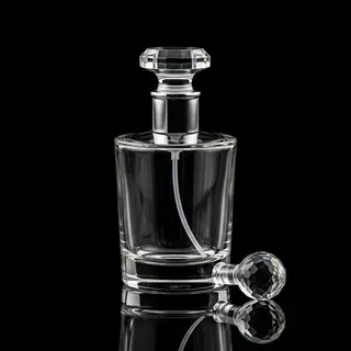 A clear glass perfume bottle on a reflective black surface w