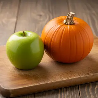 A green apple and an orange pumpkin on a wooden cutting boar