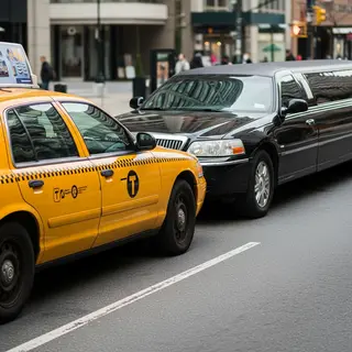 A yellow taxi and a black limousine parked next to each othe