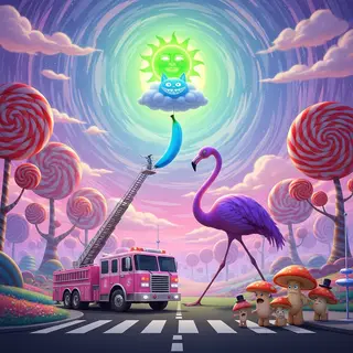 A pink fire truck, a blue banana, and a green sun in a surre