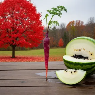 A purple carrot, a red tree with red leaves, and a white wat