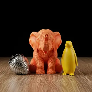 An orange elephant, a yellow penguin, and a silver strawberr