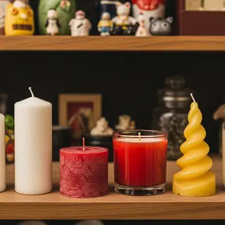 A tall thin white candle, a short fat red candle, and a medi