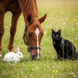A big brown horse, a small white rabbit, and a medium-sized 
