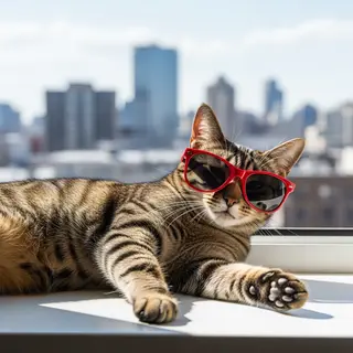 A tabby cat wearing oversized red sunglasses