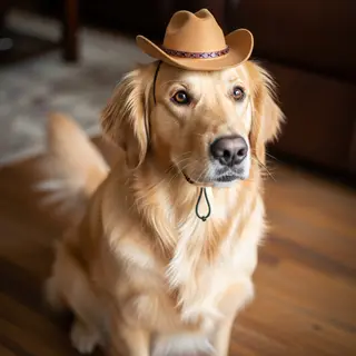 A golden retriever wearing a tiny cowboy hat