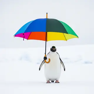 A penguin holding a colorful umbrella