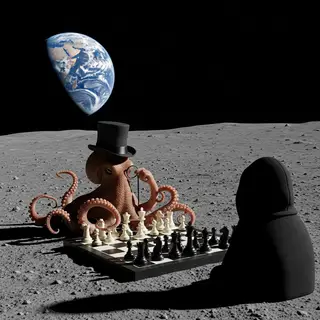 An octopus wearing a top hat and monocle playing chess on th