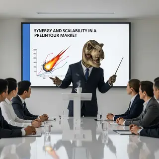 A dinosaur in a business suit giving a PowerPoint presentati