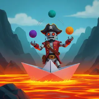 A robot dressed as a pirate sailing a paper boat on a lake o