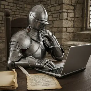 A medieval knight in full armor sitting at a desk typing on 